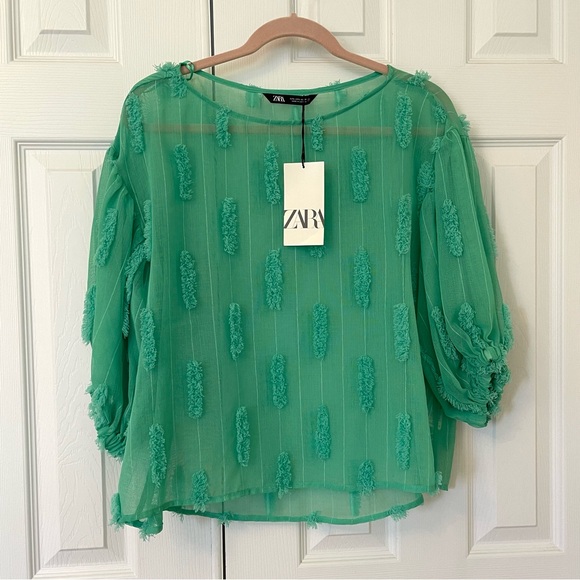 NWT Zara Sheer Puff Sleeve Spearmint Green Fringe Textured Blouse - Picture 2 of 12